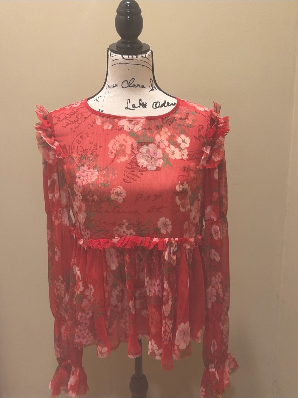 ASOS Romantic Floral Peplum Top Sheer Ruffle Sleeve NWT 8